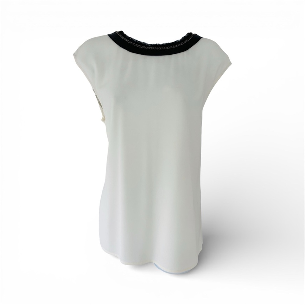 St. John Ivory Blouse with Black Leather Trim, Size M